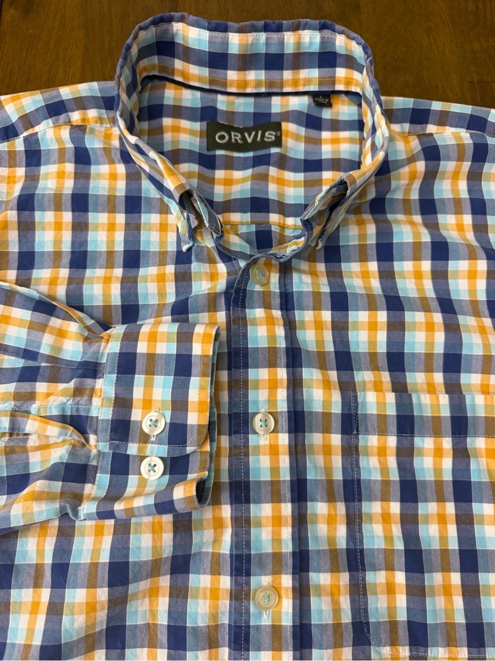Orvis Men’s Blue Yellow Plaid Long Sleeve Button Up Shirt